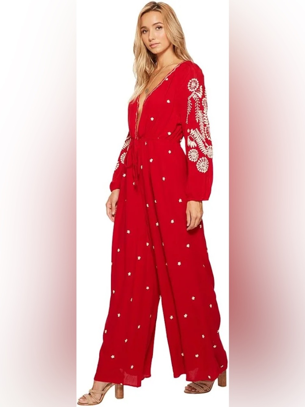 Free People Red Embroidered Jumpsuit